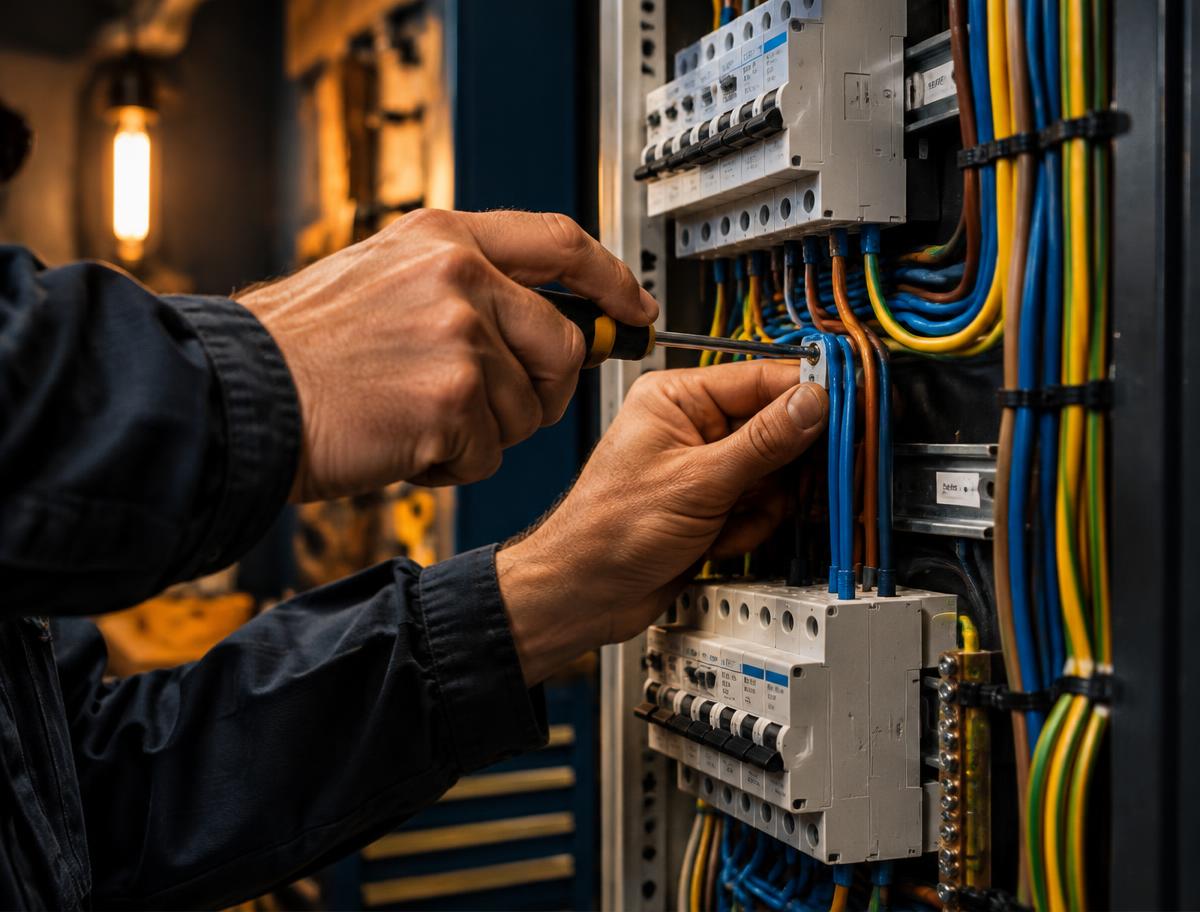 Electrician wiring a modern electrical panel